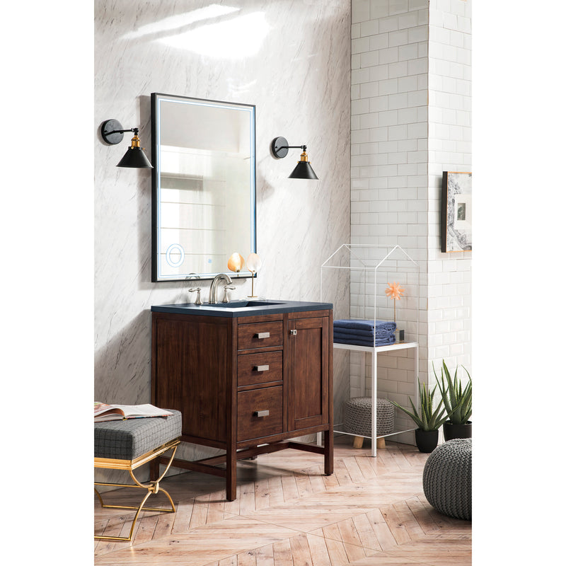 James Martin Addison 30" Single Vanity Cabinet Mid Century Acacia with 3 cm Charcoal Soapstone Quartz Top E444-V30-MCA-3CSP