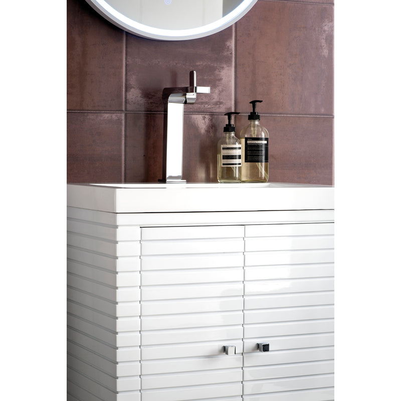 James Martin Linden 24" Single Vanity Cabinet Glossy White with White Glossy Resin Countertop E213-V24-GW-WG