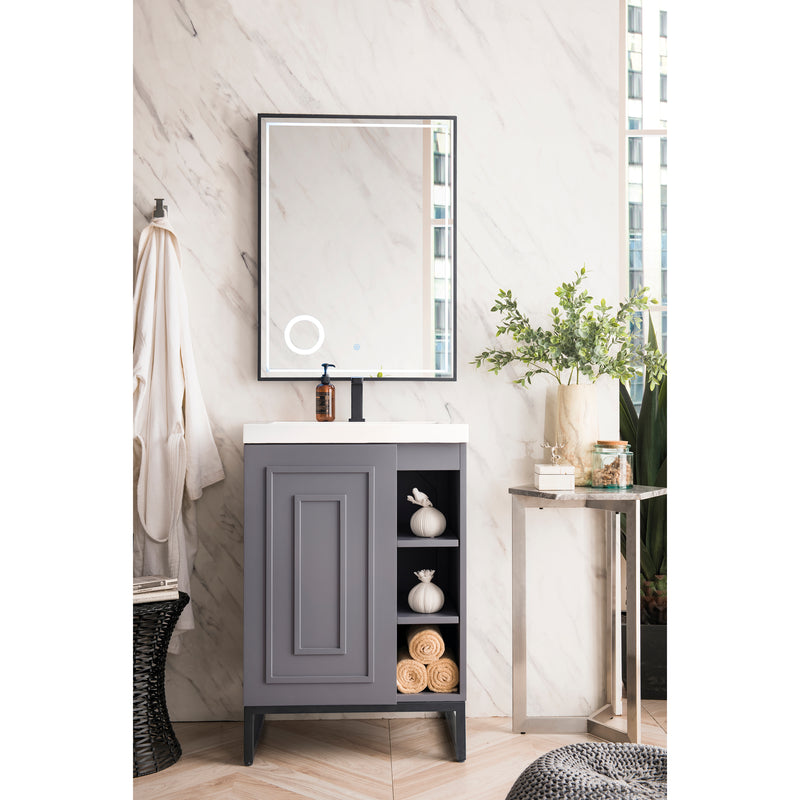 James Martin Alicante' 24" Single Vanity Cabinet Gray Smoke Matte Black with White Glossy Resin Countertop E110-V24-GSM-MBK-WG