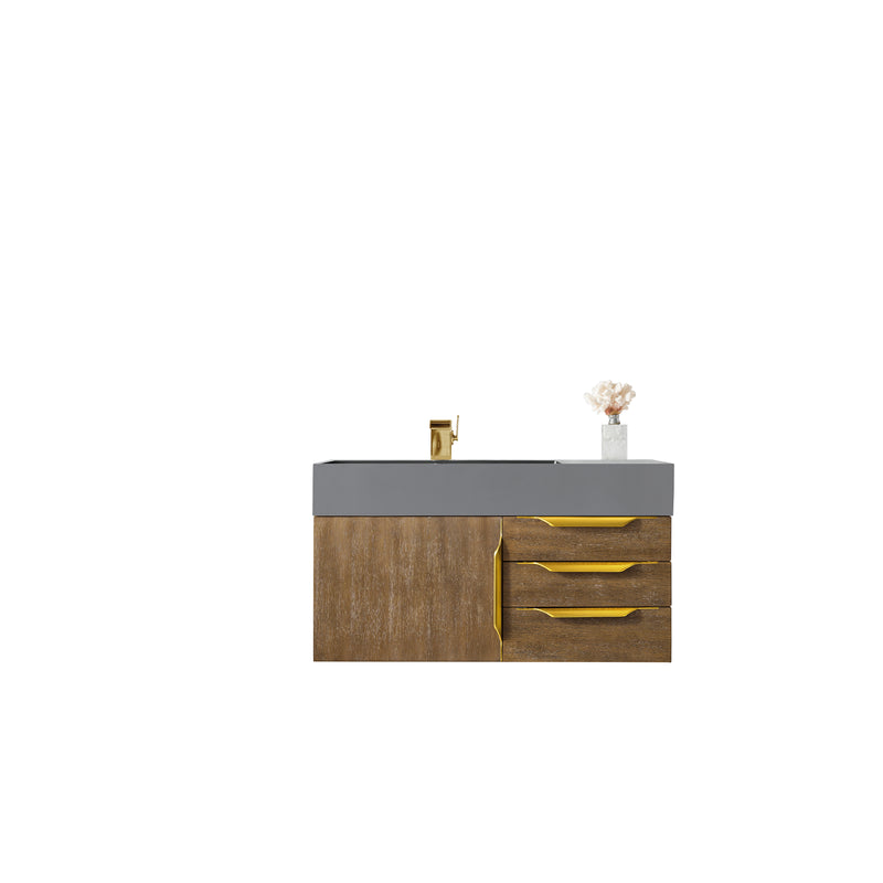 James Martin Mercer Island 36" Single Vanity Latte Oak Radiant Gold with Dusk Grey Glossy Composite Top 389-V36-LTO-G-DGG