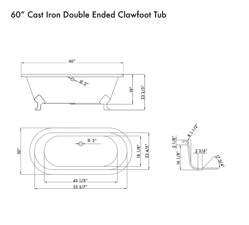 Cambridge Plumbing Cast Iron Double Ended Clawfoot Tub 60" x 30" No Drillings BRZ Package