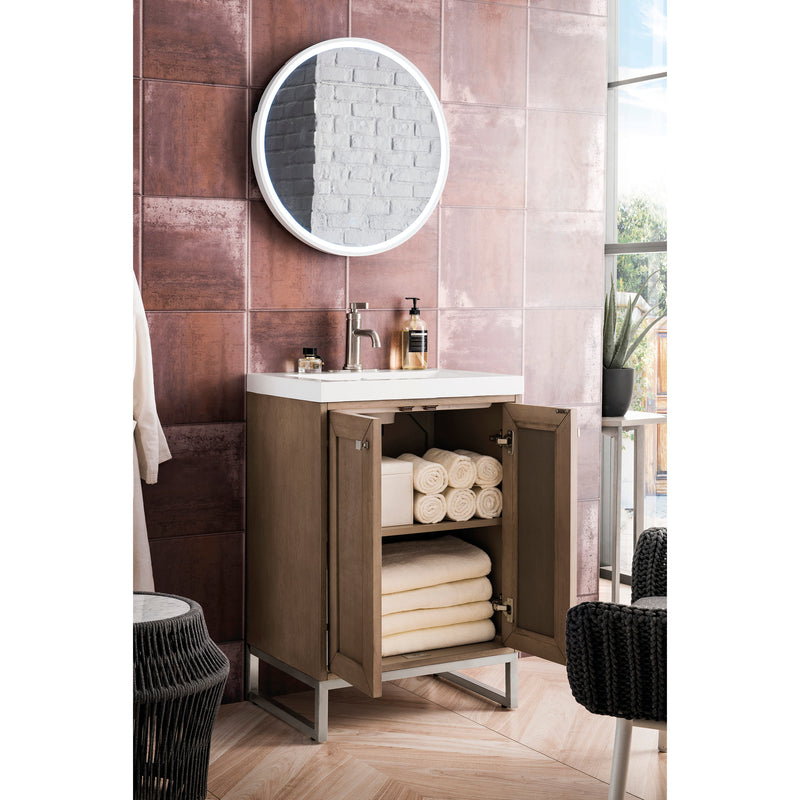 James Martin Chianti 24" Single Vanity Cabinet Whitewashed Walnut Brushed Nickel with White Glossy Resin Countertop E303-V24-WW-BNK-WG