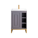 James Martin Alicante' 24" Single Vanity Cabinet Grey Smoke Radiant Gold with White Glossy Composite Countertop E110V24GSMRGDWG