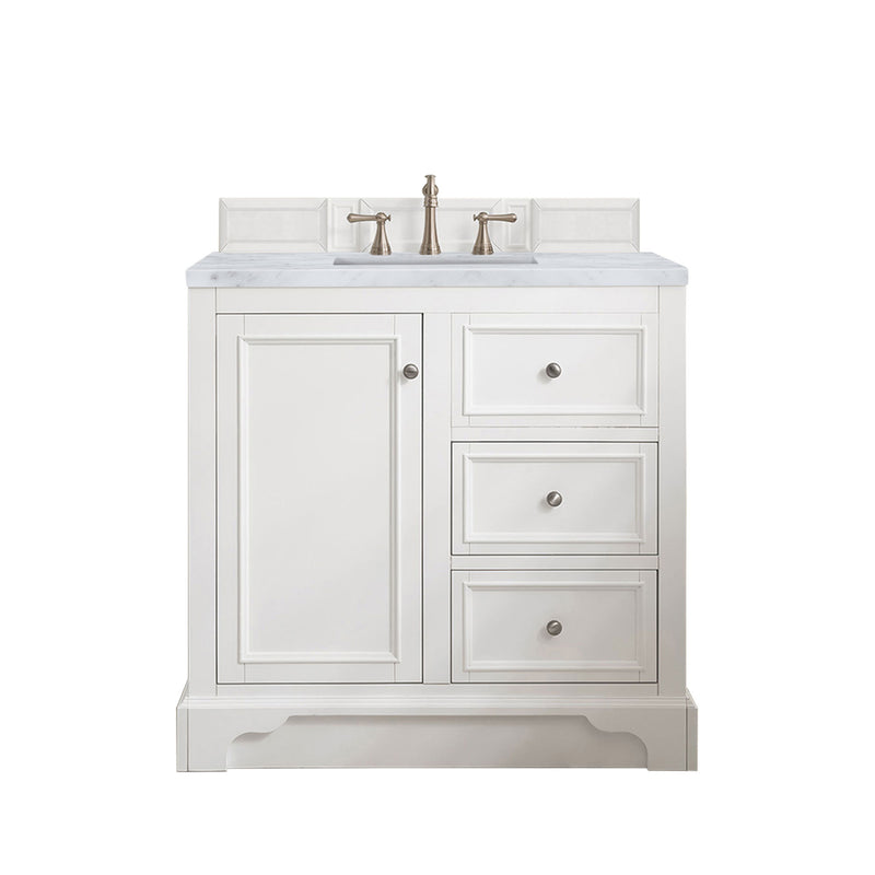 James Martin De Soto 36" Single Vanity Bright White with 3 cm Carrara Marble Top 825-V36-BW-3CAR