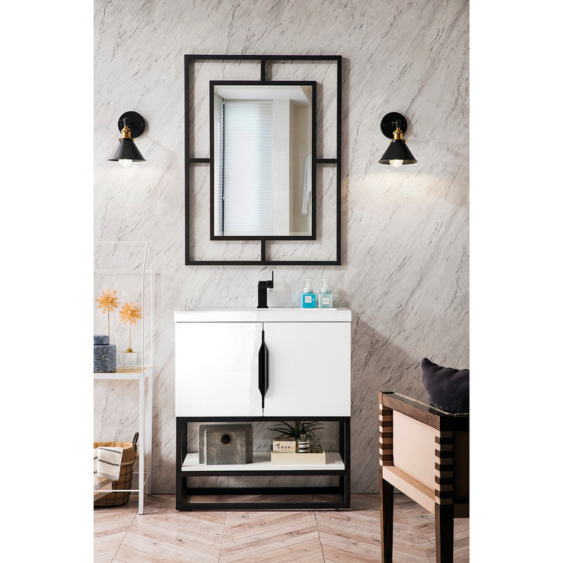 James Martin Columbia 31.5" Single Vanity Cabinet Glossy White Matte Black with White Glossy Composite Countertop 388V31.5GWMBKWG