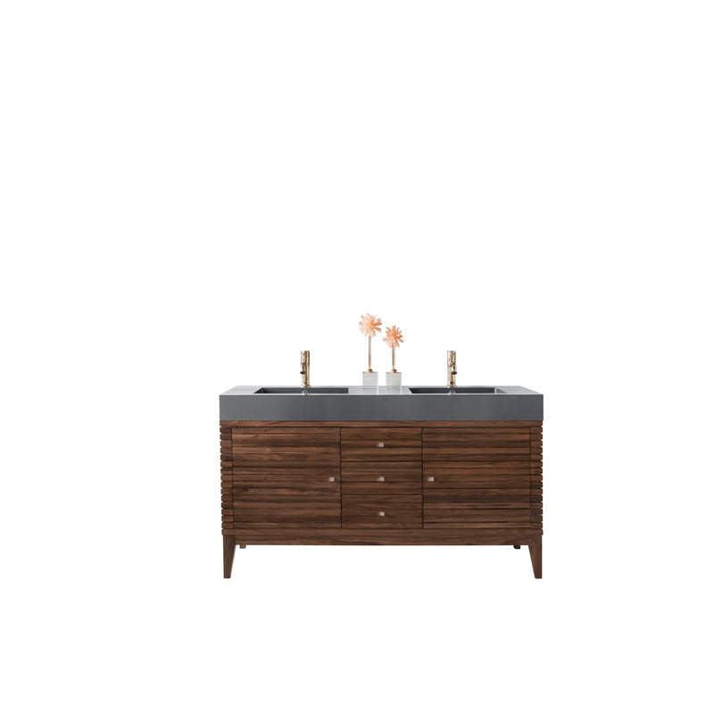 James Martin Linear 59" Double Vanity Mid Century Walnut with Dusk Grey Glossy Composite Top 210-V59D-WLT-DGG