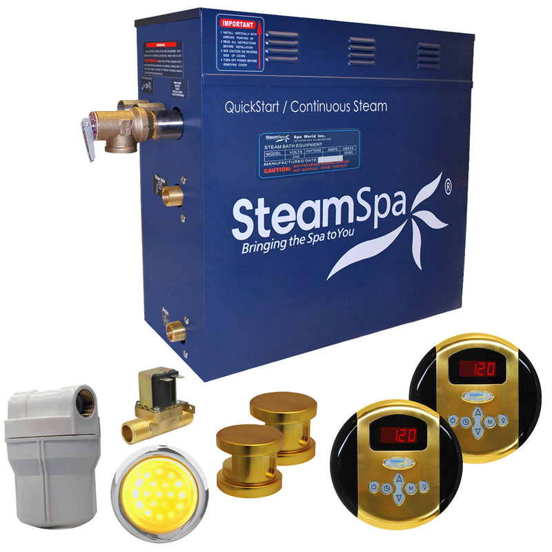 SteamSpa Royal 12 KW QuickStart Acu-Steam Bath Generator Package with Built-in Auto Drain in Polished Gold