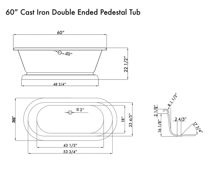 Cambridge Plumbing Cast Iron Double Ended Tub 60" x 30" No Faucet Drillings