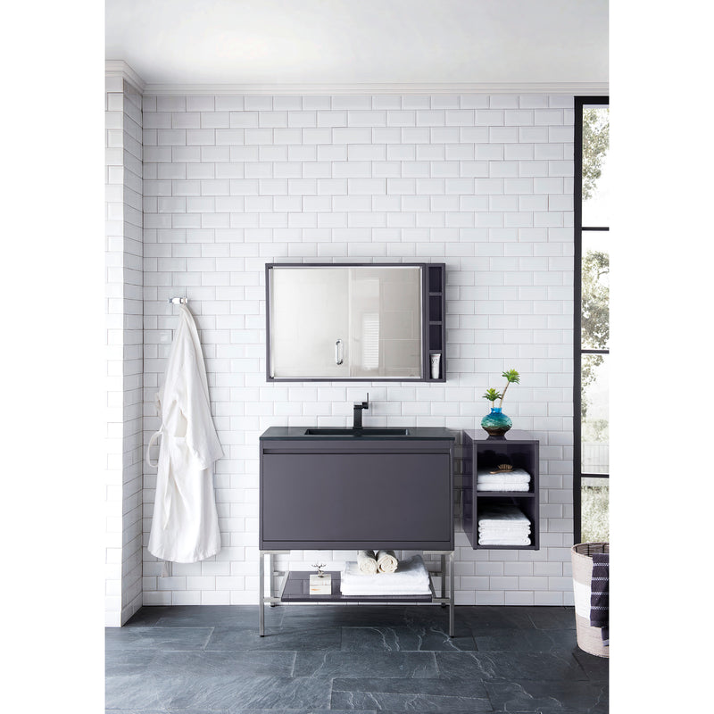 James Martin Milan 35.4" Single Vanity Cabinet Modern Gray Glossy Brushed Nickel with Charcoal Black Composite Top 801V35.4MGGBNKCHB