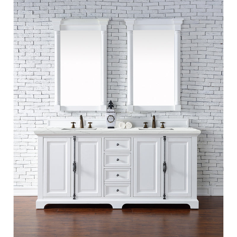 James Martin Providence 72" Double Vanity Cabinet Bright White with 3 cm Ethereal Noctis Quartz Top 238-105-V72-BW-3ENC