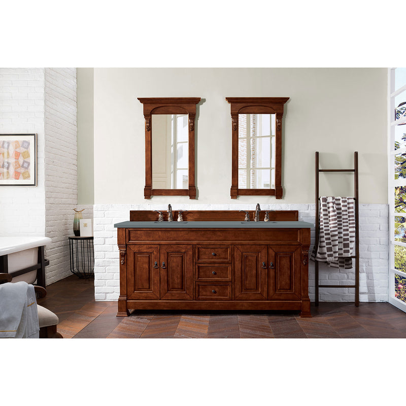 James Martin Brookfield 72" Warm Cherry Double Vanity with 3 cm Cala Blue Quartz Top 147-114-5781-3CBL