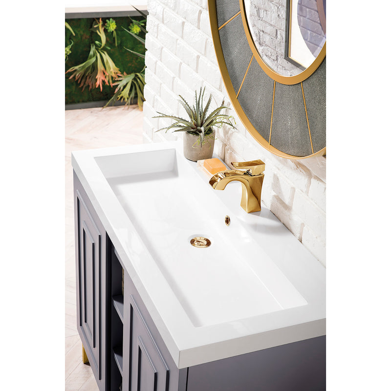 James Martin Alicante' 39.5" Single Vanity Cabinet Gray Smoke Radiant Gold with White Glossy Composite Countertop E110V39.5GSMRGDWG