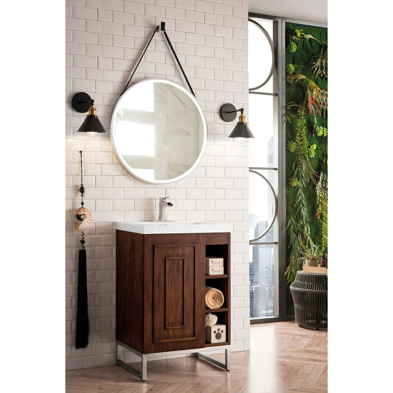 James Martin Alicante' 24" Single Vanity Cabinet Mid Century Acacia Brushed Nickel with White Glossy Resin Countertop E110-V24-MCA-BNK-WG