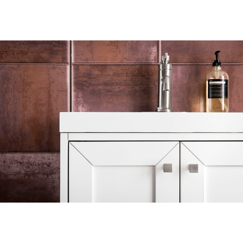 James Martin Chianti 24" Single Vanity Cabinet Glossy White Brushed Nickel with White Glossy Resin Countertop E303-V24-GW-BNK-WG