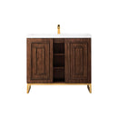 James Martin Alicante' 39.5" Single Vanity Cabinet Mid Century Acacia Radiant Gold with White Glossy Composite Countertop E110V39.5MCARGDWG