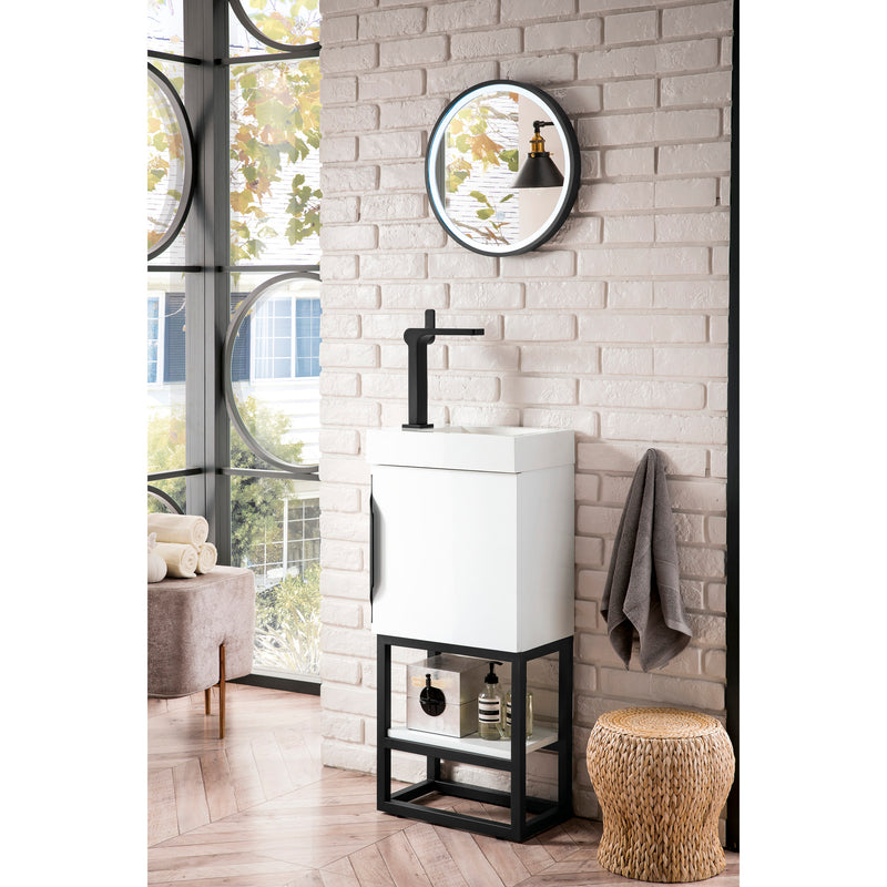 James Martin Columbia 16" Single Vanity Cabinet Glossy White Matte Black with White Glossy Resin Countertop 388-V16-GW-MBK-WG