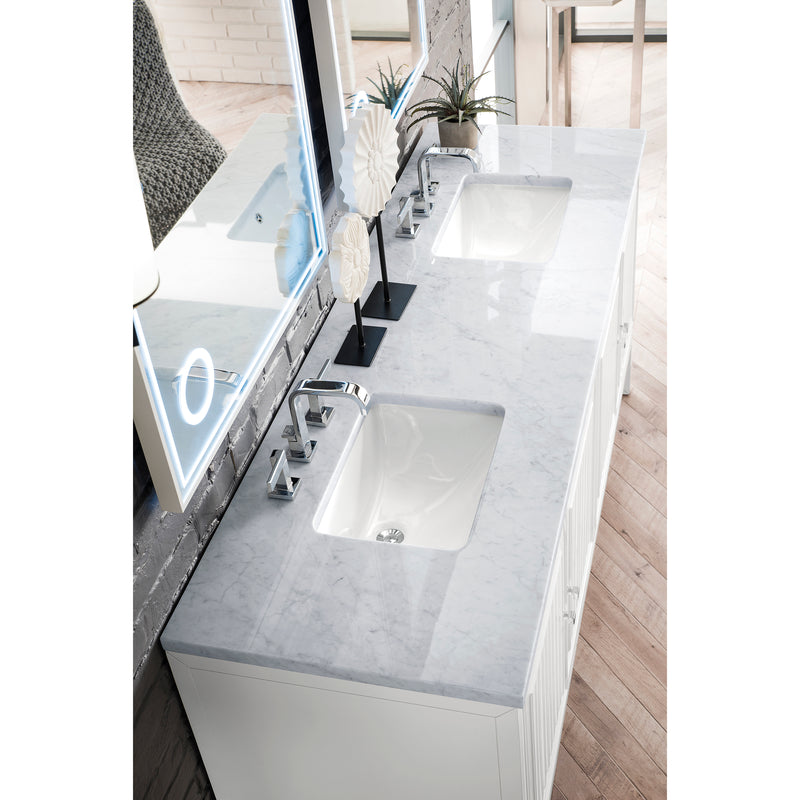 James Martin Athens 72" Double Vanity Cabinet Glossy White with 3 cm Carrara White Top E645-V72-GW-3CAR