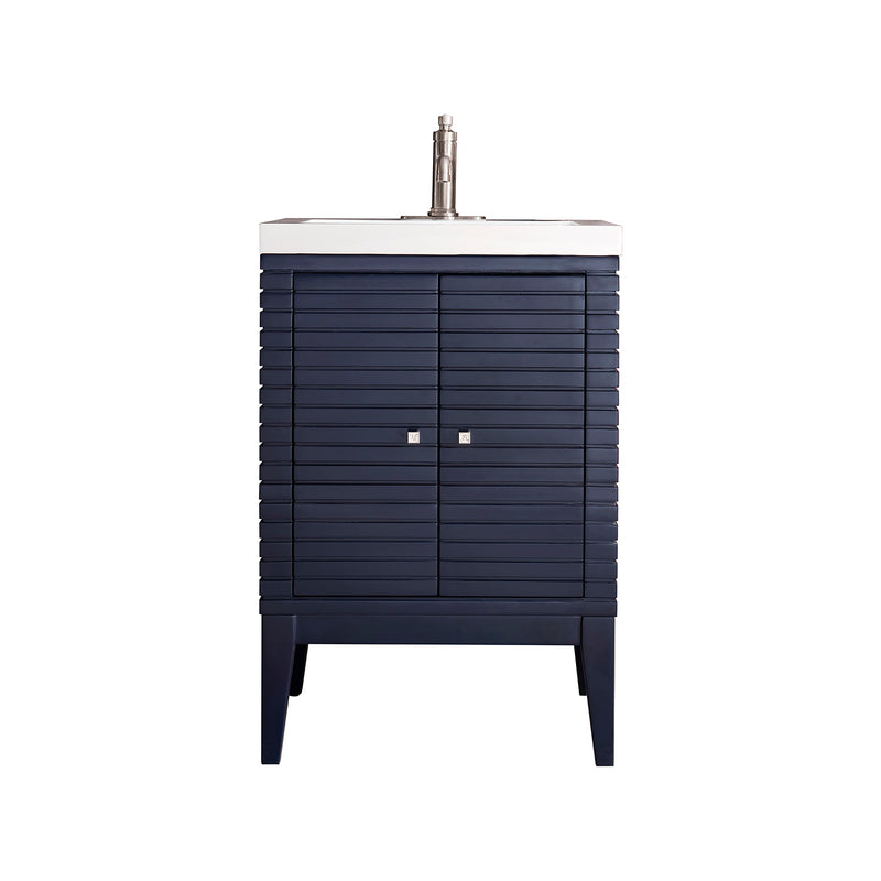 James Martin Linden 24" Single Vanity Cabinet Navy Blue with White Glossy Composite Countertop E213V24NVBWG