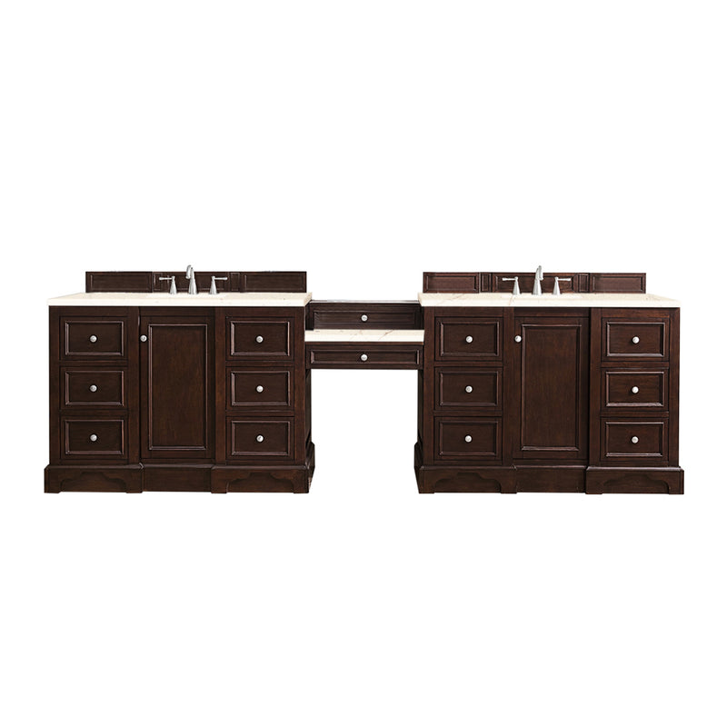 James Martin De Soto 118" Double Vanity Set Burnished Mahogany with Makeup Table 3 cm Eternal Marfil Quartz Top 825-V118-BNM-DU-EMR