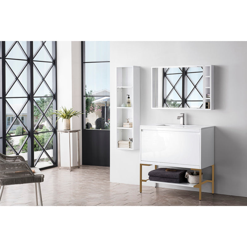 James Martin Milan 35.4" Single Vanity Cabinet Glossy White Radiant Gold with Glossy White Composite Top 801V35.4GWRGDGW