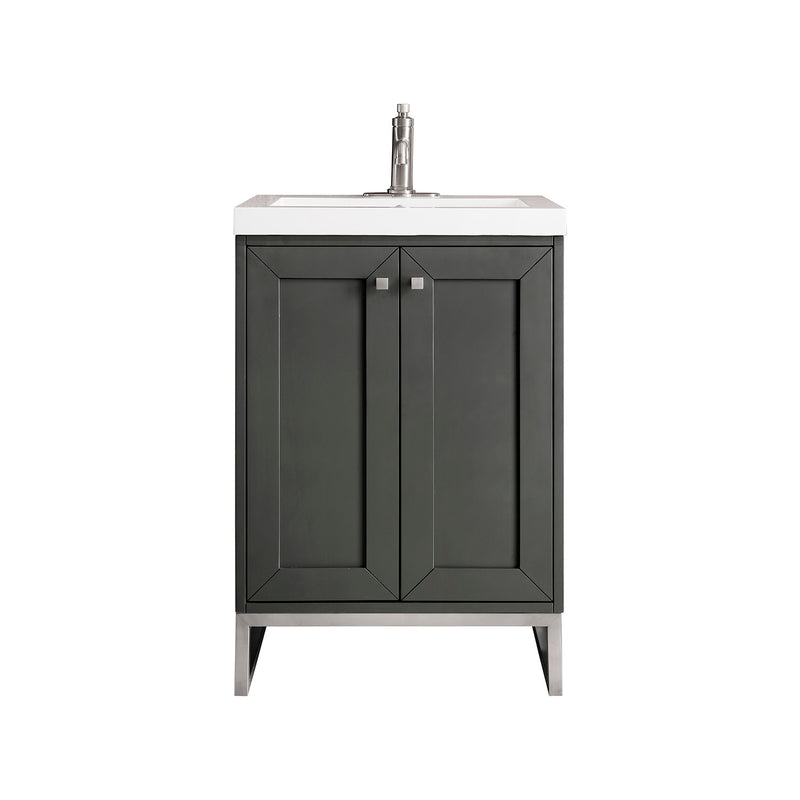 James Martin Chianti 24" Single Vanity Cabinet Mineral Gray Brushed Nickel with White Glossy Composite Countertop E303V24MGBNKWG