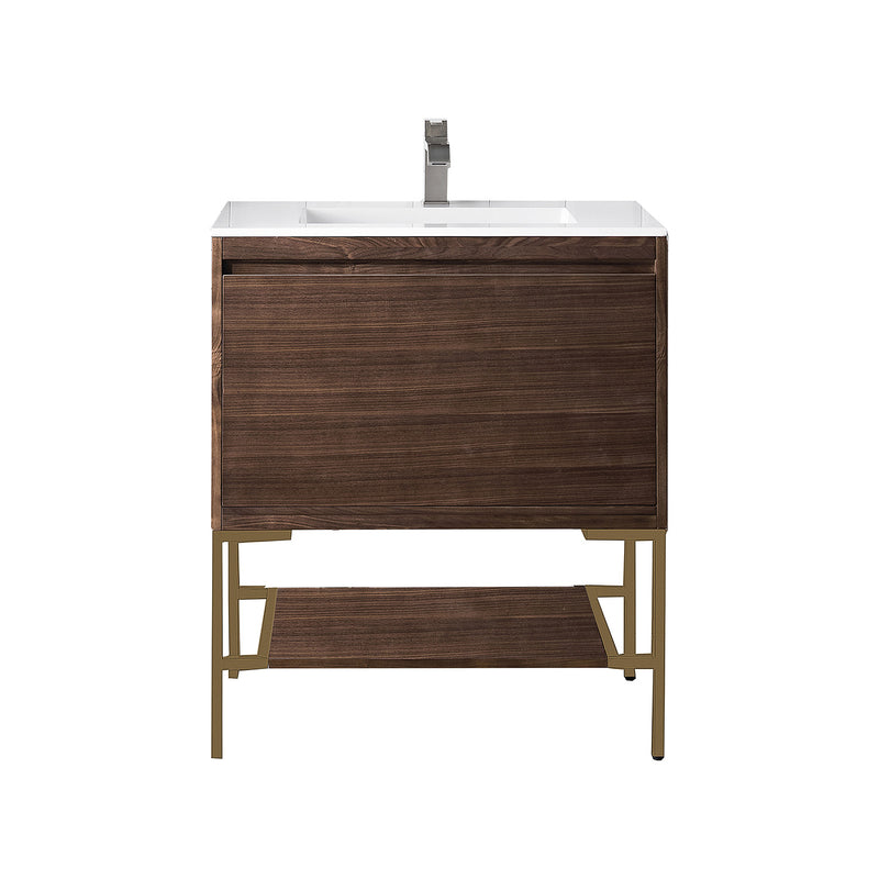 James Martin Milan 31.5" Single Vanity Cabinet Mid Century Walnut Radiant Gold with Glossy White Composite Top 801V31.5WLTRGDGW