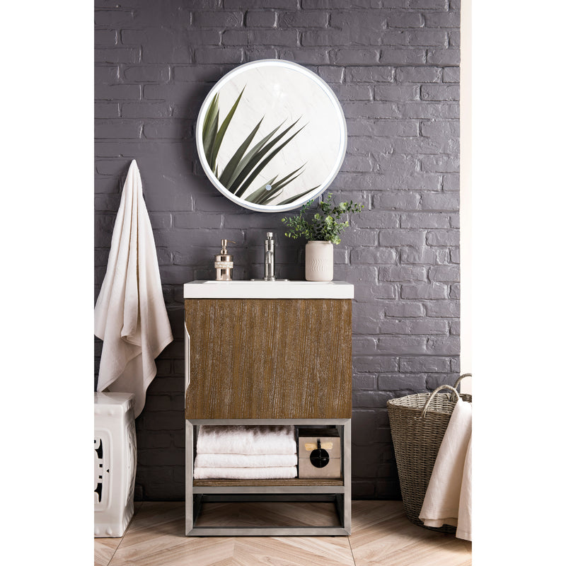 James Martin Columbia 24" Single Vanity Cabinet Latte Oak Brushed Nickel with White Glossy Resin Countertop 388-V24-LTO-BNK-WG