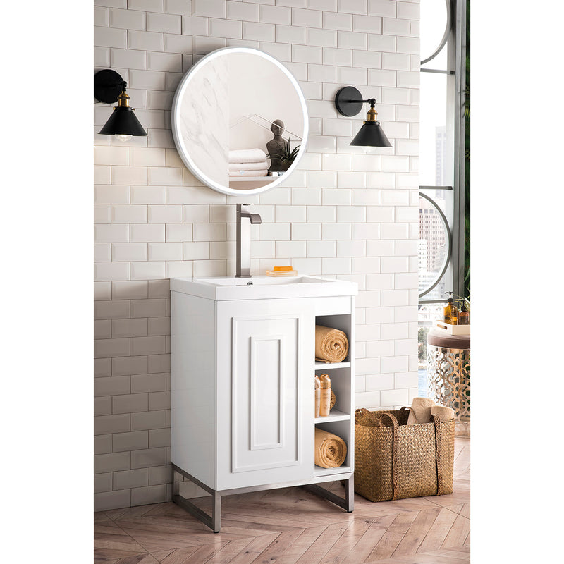 James Martin Alicante' 24" Single Vanity Cabinet Glossy White Brushed Nickel with White Glossy Composite Countertop E110V24GWBNKWG