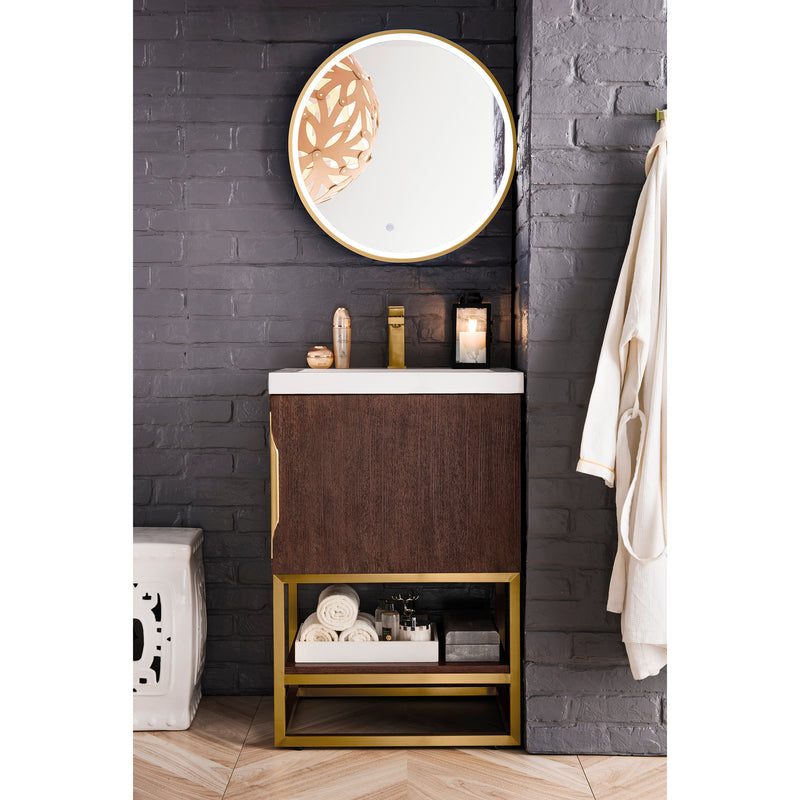 James Martin Columbia 24" Single Vanity Cabinet Coffee Oak Radiant Gold with White Glossy Resin Countertop 388-V24-CFO-RGD-WG