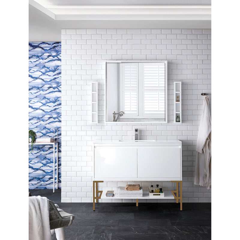 James Martin Milan 47.3" Single Vanity Cabinet Glossy White Radiant Gold with Glossy White Composite Top 801V47.3GWRGDGW