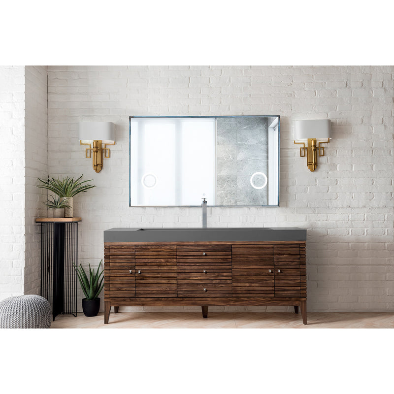 James Martin Linear 72" Single Vanity Mid Century Walnut with Dusk Gray Glossy Composite Top 210-V72S-WLT-DGG