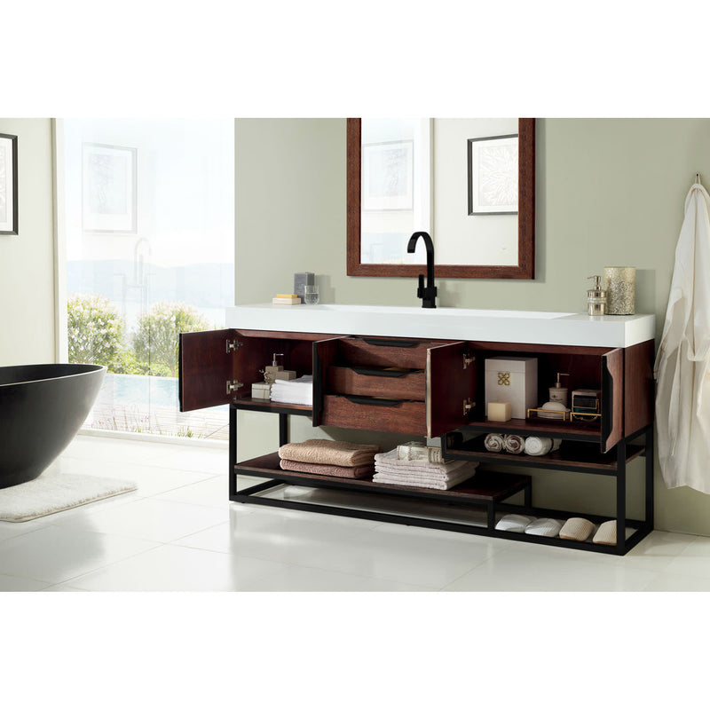 James Martin Columbia 72" Single Vanity Coffee Oak Matte Black with Glossy White Composite Top 388-V72S-CFO-MB-GW