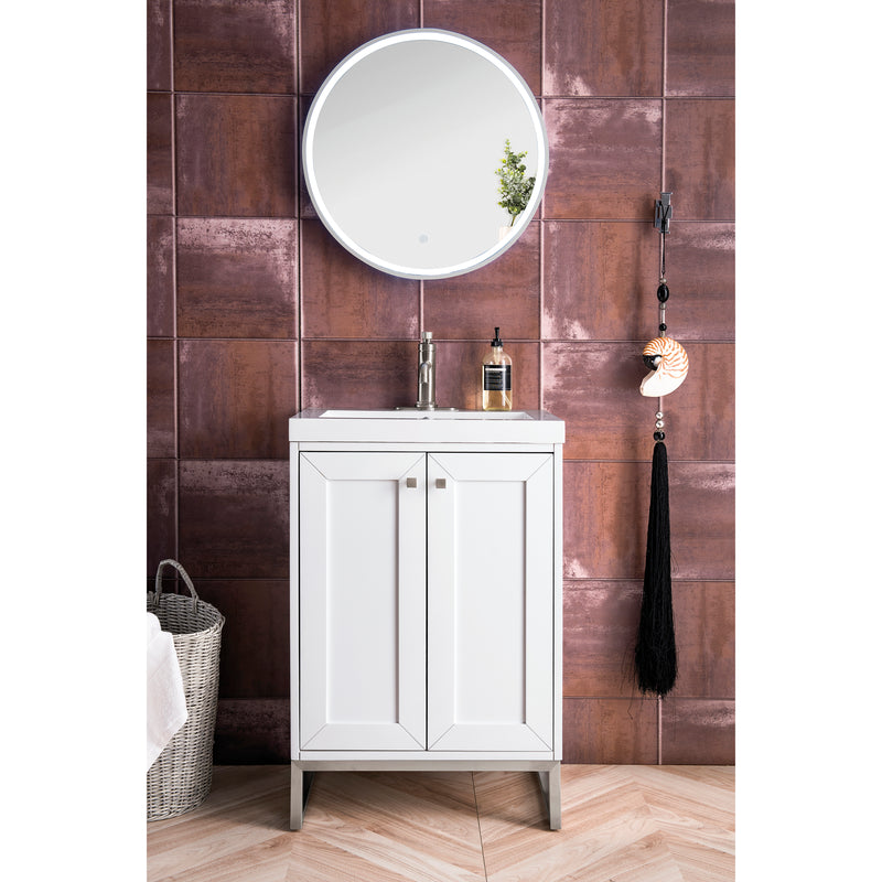 James Martin Chianti 24" Single Vanity Cabinet Glossy White Brushed Nickel with White Glossy Resin Countertop E303-V24-GW-BNK-WG