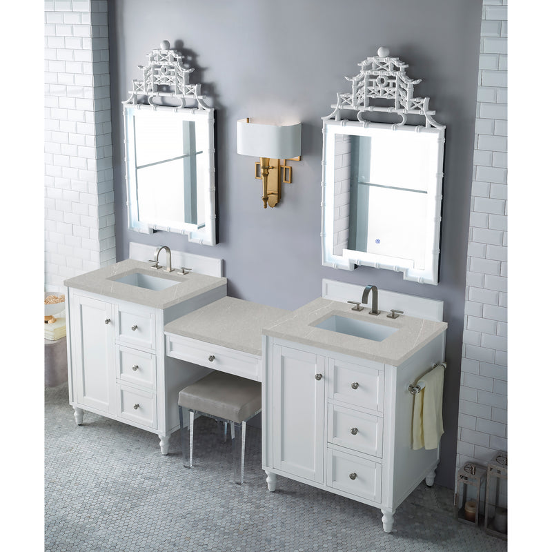 James Martin Copper Cove Encore 86" Double Vanity Set Bright White with Makeup Table 3 cm Eternal Serena Quartz Top 301-V86-BW-DU-3ESR